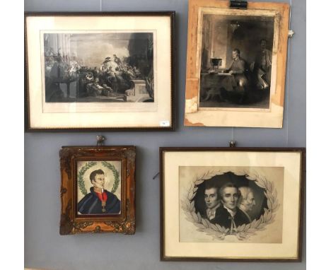 Three 19th century prints relating to the Duke of Wellington, together with a portrait watercolour, the largest 32 x 42 cm (4
