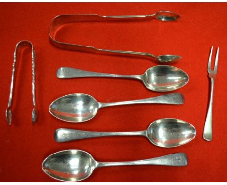 A quantity of hallmarked silver, includes two pairs of sugar tongs, a set of four tea spoons and a pickle fork, combined weig