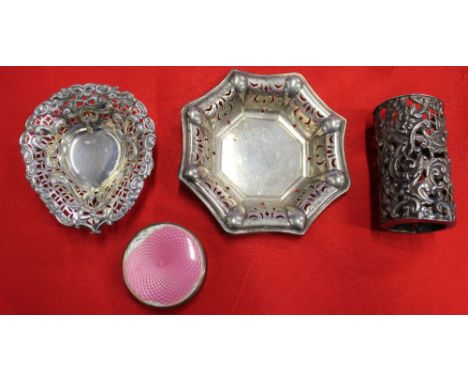 Two silver hallmarked pin trays, a repousse silver cylinder and a silver powder compact with pink enamel cover, combined silv