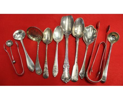 A collection of hallmarked silver, includes sugar tongs, sifting ladle, sugar tongs, condiment spoons etc, combined weight 19
