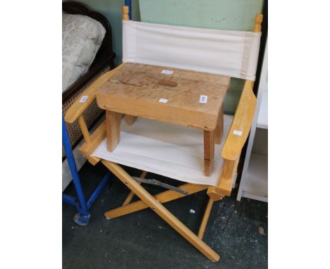A folding canvas seated directors chair, small pine stool and a desk top easel