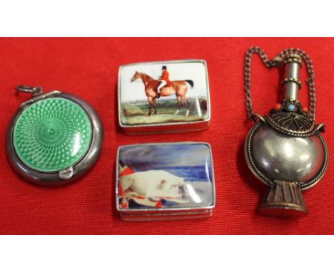 Two silver pill boxes with decorative tops, a huntsman and a bulldog, together with a guilloche enamel lidded powder compact 
