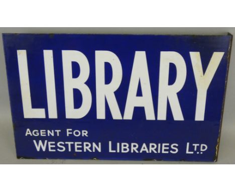 A vintage rectangular double sided enamel wall mounted sign for Library Agent for Western Libraries, 25.5 x 41cm.