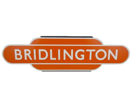A reproduction totem 'Bridlington', in light tangerine, 25 x 91cm.