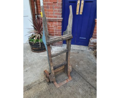A vintage railway oak and iron sack barrow, marked 'G.L &amp; S'. This was used for display in the Buffet.