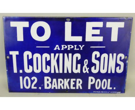 A vintage enamel single sided wall mounted sign for T. Cocking &amp; Sons, 102 Barker Pool, 23 x 35.5.