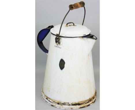 A B. R. (NE) white enamel lidded jug, with swing handle, height with handle raised 43cm (base holed).