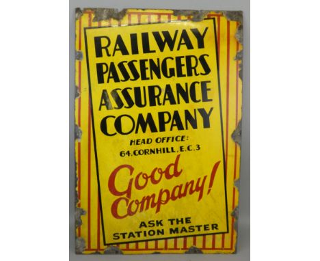 A vintage enamel single sided wall mounted sign for Railway Passengers Assurance Company, 76.5 x 51cm.