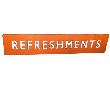 A single sided enamel B. R. (NE) wall mounted sign for Refreshments, in light tangerine, 51 x 288cm. Provenance: originally d