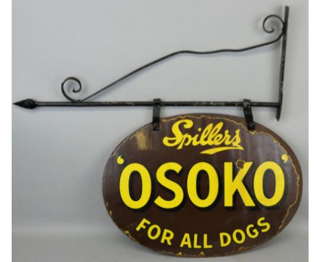 A vintage enamel double sided swinging sign for Spillers Osoko, on original iron hanging bracket, 40.5 x 55.5cm.