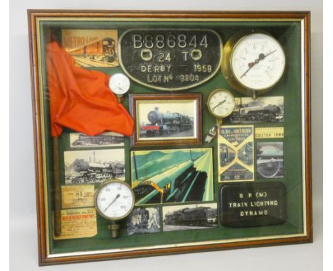 An assortment of cased locomotive ephemera to include wagon plate 'B886844 ... Derby 1959 Lot No. 3204', locomotive photograp
