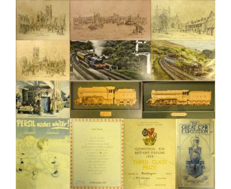 A framed wood-carved model of an LNER 'Flying Scotsman' locomotive, a similar LNER 'Green Arrow' Orbslby V2 Class 2-6-2 locom