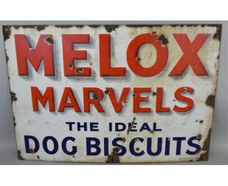A vintage enamel single sided wall mounted sign for Melox Marvels The Ideal Dog Biscuits, 46 x 66cm.