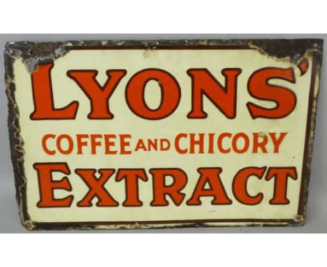 A vintage enamel double sided wall mounted sign for Lyons Coffee and Chicory Extract, 30 x 45.5cm.