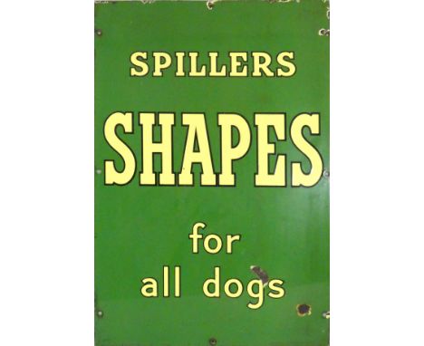 A vintage enamel single sided wall mounted sign for Spillers Shapes for all dogs, 76 x 51cm.