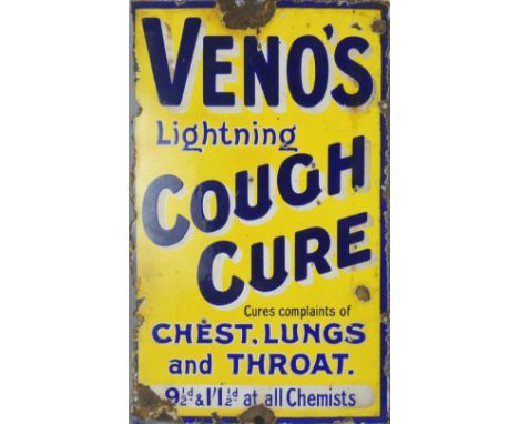 A vintage enamel single sided wall mounted sign for Veno's Cough Cure, 61 x 37cm.