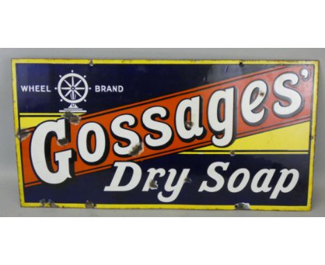 A vintage enamel single sided wall mounted sign for Gossages Dry Soap, 30.5 x 59.5cm.