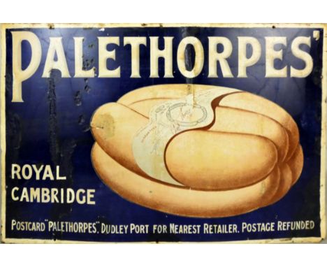 A vintage enamel single sided wall mounted sign for Palethorpes Royal Cambridge Sausage, 61 x 92cm.