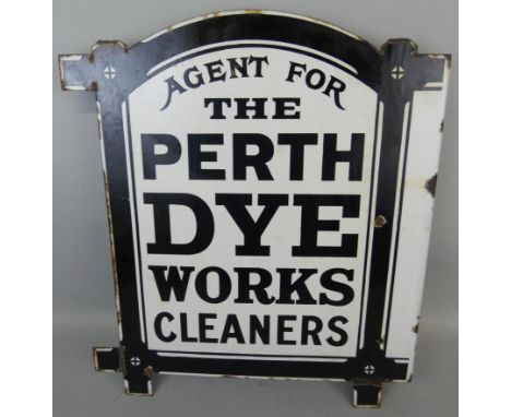 A vintage enamel double sided hanging sign for Perth Dye Works, 55 x 50.5cm.
