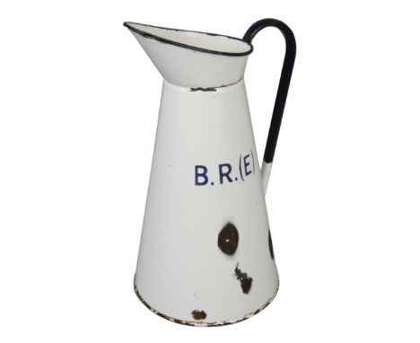 A B.R. (E) white and blue enamel water pitcher, height 38cm.