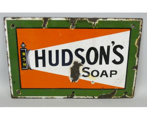 A vintage rectangular single sided enamel wall mounted sign for Hudson's Soap, 21.5 x 33cm.
