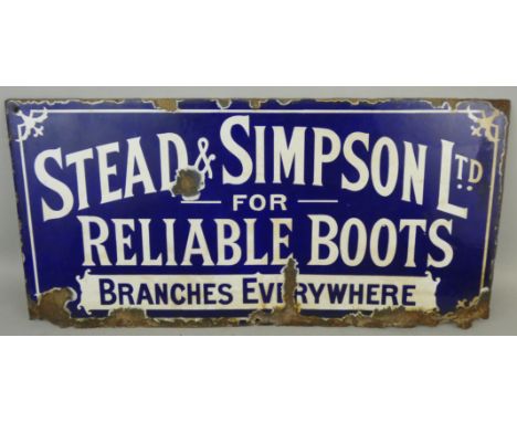 A vintage enamel single sided wall mounted sign for Stead &amp; Simpson for Reliable Boots, 30.5 x 61cm.