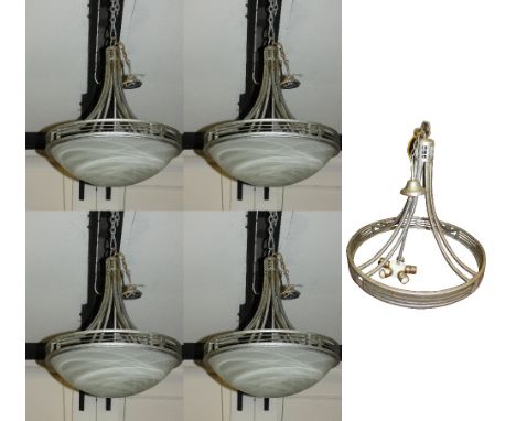 Four contemporary Art Deco style ceiling lamps, with frosted grass bowls, diameter 60cm, together with another light fitting 