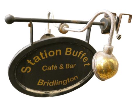 A double sided, hanging, contemporary advertising sign, Bridlington Station Café, complete with electric light fittings. This