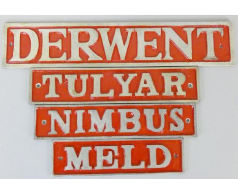 Four reproduction alloy and red enamel nameplates, 'Meld', 'Nimbus', 'Tulyar' and 'Derwent' (4)