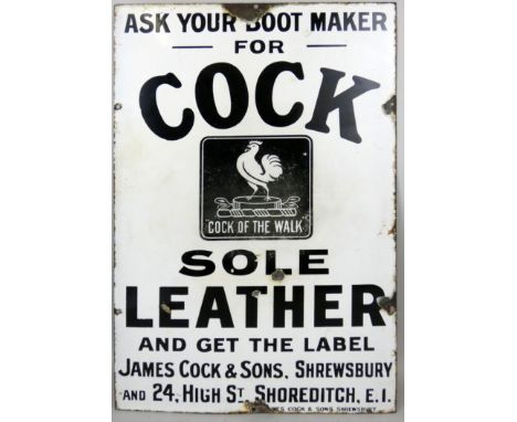 A vintage enamel wall mounted sign for Ask Your Boot Maker for Cock Sole Leather, 61 x 38cm.