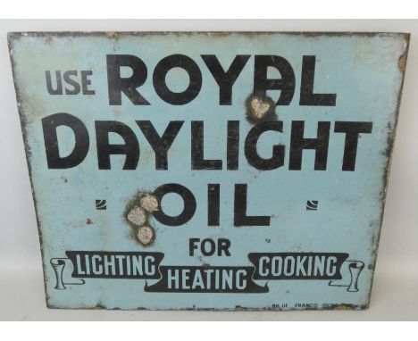 A vintage enamel double sided hanging sign for Use Royal Daylight Oil, 46 x 56cm.