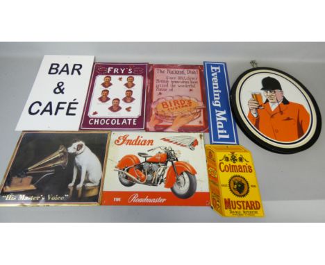 A double sided metal hanging sign for Tetley's Beer, 46 x 40.5cm, together with an enamel Colman's Mustard sign, various tin 