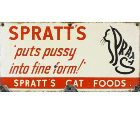 A vintage enamel single sided wall mounted sign for Spratts puts pussy into fine form!, 30.5 x 61cm.
