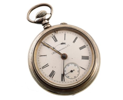 Hausmann &amp; Co silver pocket watch with alarm feature , white enamel dial with Roman numerals and subsidiary dial to 6 'o'