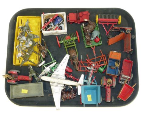 Sixteen Dinky farm models, also two sets of road signs, also seven model aircraft six by Dinky, all in playworn condition. Co