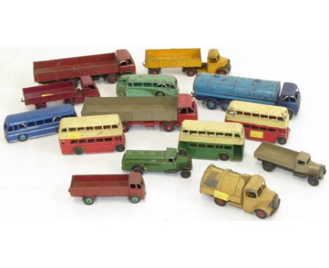 Nine Dinky commercial vehicles including three Foden lorries together with five Dinky buses, all in playworn condition. Condi