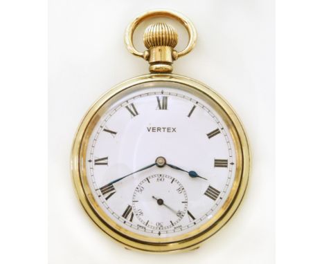 Vertex yellow metal open face pocket watch, white enamel dial with Roman numerals and subsidiary seconds dial, with inscripti