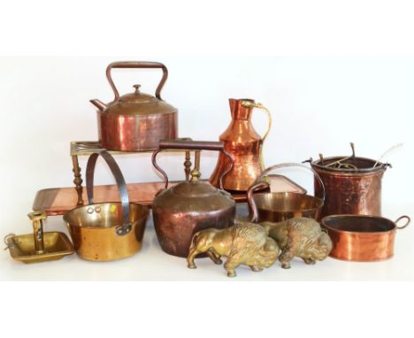 Large collection of brass and copper ware, also a silver plated ladle. Condition reports are not available for our Interiors 