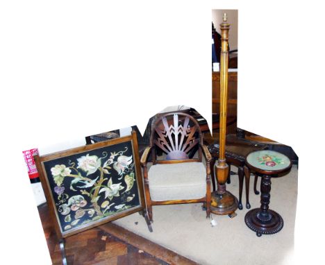 Early 20th century standard lamp, woolwork firescreen, nest of two tables, William IV pedestal, low fireside chair. Condition