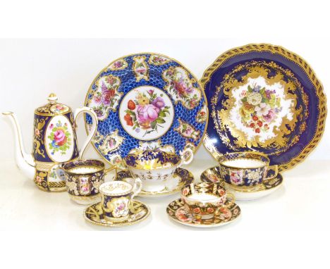Coalport plate, trio, coffee cup and saucer, Ridgway plate with gilt coronet, Ridgway cup and saucer, Crown Staffordshire, co