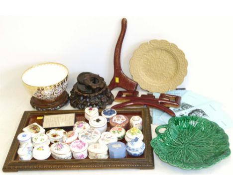 Chinese hardwood stands, Spode bowl, Wedgwood dish and one other plate, twenty two porcelain boxes on lacquer effect tray. Co