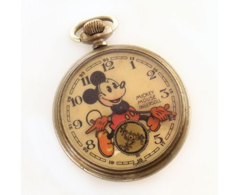 Mickey Mouse Ingersoll pocket watch , three Mickey's to subsidiary dial, orange hands, boots and shorts, 3/4 steel plate move