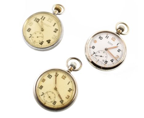 Three white metal military open face pocket watches , one marked 'Orator Watch Co, Precision', Arabic numerals and subsidiary