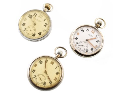 Three white metal military open face pocket watches , one marked 'Orator Watch Co, Precision', Arabic numerals and subsidiary