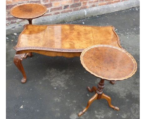 Pair figured walnut tripod wine tables and similar coffee table on cabriole legs. Condition reports are not available for our