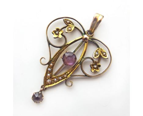 Edwardian 9ct gold amethyst and seed pearl pendant Condition reports are not available for our Interiors Sales.