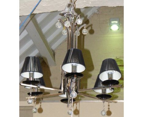 Modern six branch centre light with chrome frame, black shades and glass dropper. Condition reports are not available for our