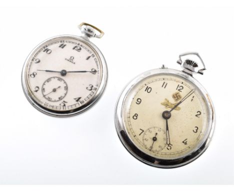 Omega white metal pocket watch , white dial with Arabic numerals and subsidiary seconds dial to 6 'o' clock, swastika eagle a