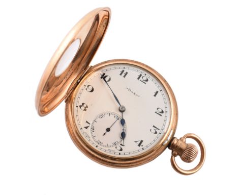 9ct gold 1/2 hunter pocket watch by Doxa , white enamel dial with Arabic numerals and subsidiary seconds dial to six 'o' cloc