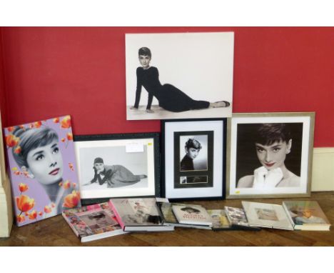 Five framed and unframed Audrey Hepburn photographs, small print of "Vacances Romaines' film poster, two DVD's and five books